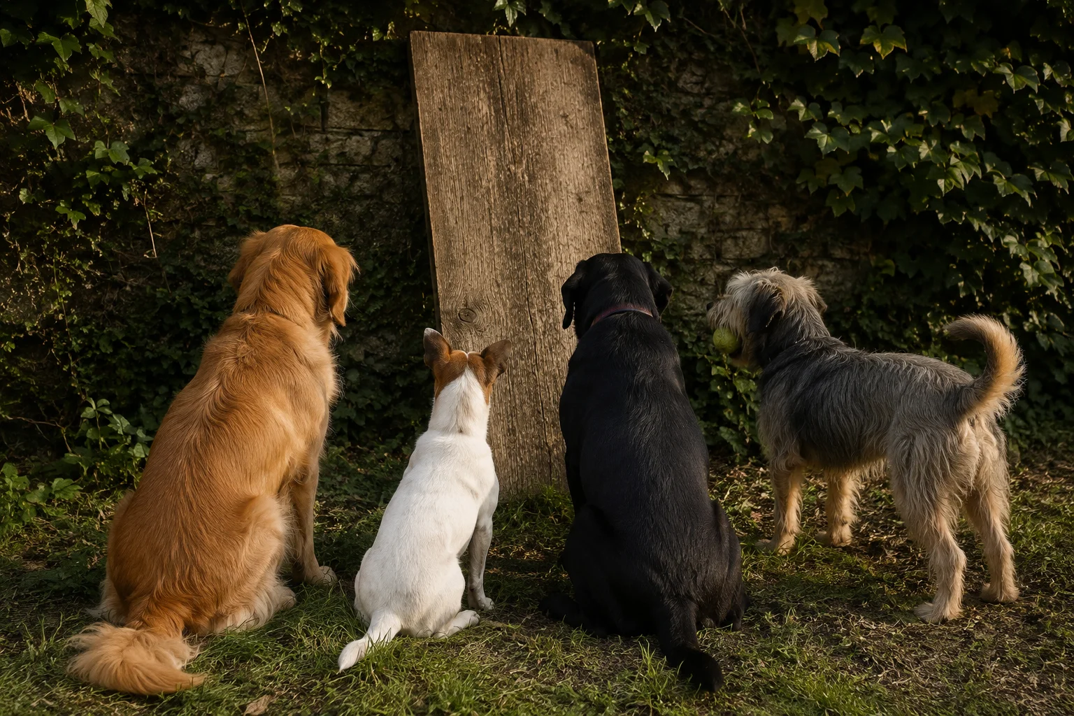 Four dogs gathered around a large plank of wood leaning against a wall